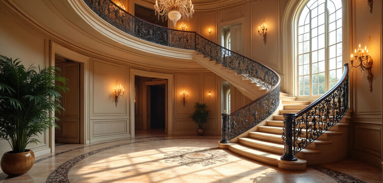 Grand foyer features elegant curved staircase with ornate railing. Marble flooring, chandelier add luxury. Large arched window provides natural light. Interior design opulence, classic style.