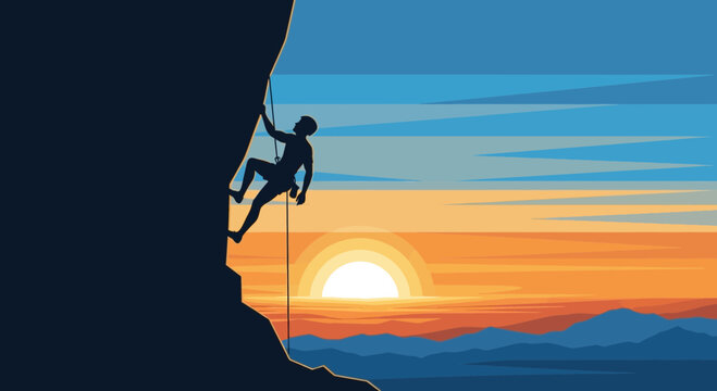 Silhouette Climber Ascending Rocky Cliff At Vibrant Sunset