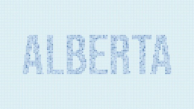 Alberta, Canada dotted map animation. Digital style shape of the province. Alberta, Canada shape and title dots appear with bulb flickering effect. Intro, outro, logo, title video.