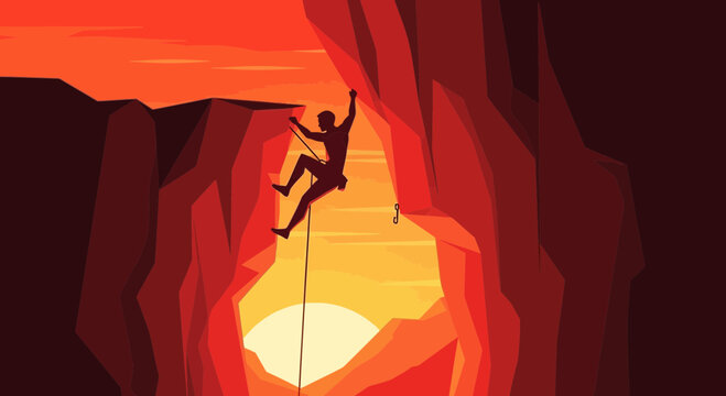 Silhouette Climber Ascending Rocky Mountain During Sunset Adventure