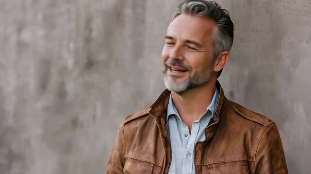 Successful middle-aged man in casual outfit poses confidently against a textured gray wall in urban setting during daylight hours
