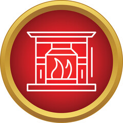 Naklejka premium Fireplace icon on a red and gold button symbolizing heat and comfort