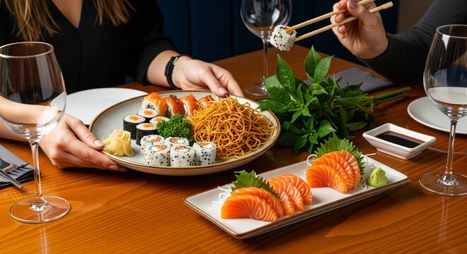 Delicious sushi and sashimi platter with noodles served at a restaurant table with wine glasses