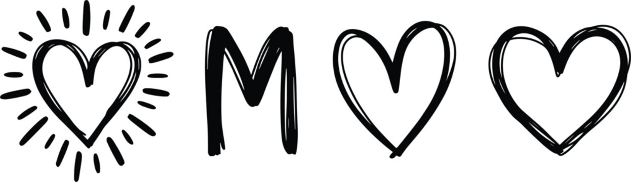Set of hand drawn sketchy heart icons and letter M symbol in a minimalist doodle style for romantic wedding invitations Valentines Day graphics and personalized creative branding, 25 words.