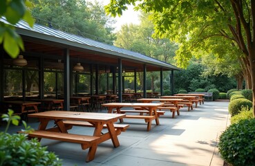 Obraz premium Outdoor dining area with picnic tables and benches under a modern roof. Green trees and manicured bushes surround the seating space creating a pleasant atmosphere for eating or socializing.
