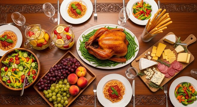 Festive overhead view of a roasted whole chicken pasta salad fruit cheese board and breadsticks on a rustic wooden table