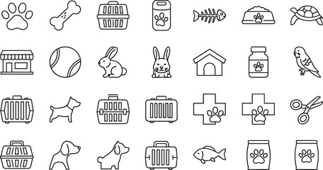 Pet care outline icons collection featuring paw bone carrier food bowl turtle dog cat rabbit veterinary vector illustration symbol set © AVII.