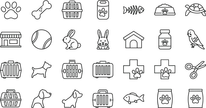 Pet care outline icons collection featuring paw bone carrier food bowl turtle dog cat rabbit veterinary vector illustration symbol set