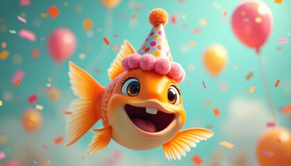 Fototapeta premium Cartoon goldfish wears party hat with pom poms. It smiles with mouth open wide in falling confetti and colorful balloons, celebrating a happy event. Festive scene.