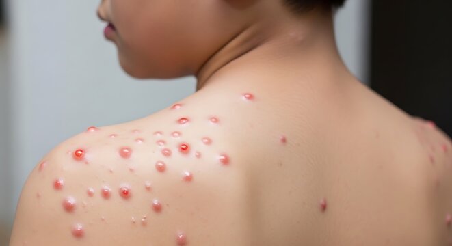 Close up of red blisterlike rash on upper back and shoulder skin