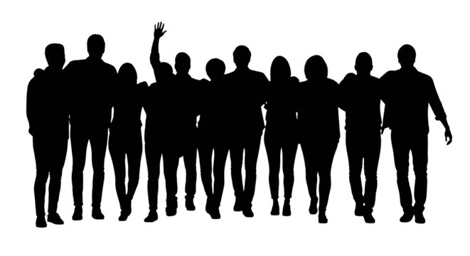 Group of people standing together with one person raising their hand isolated on transparent background, Vector