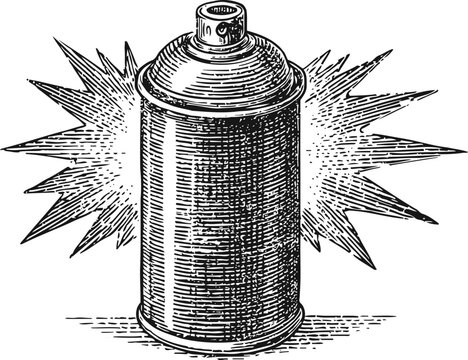 Spray paint can illustration with burst background vintage ink drawing of aerosol spray container