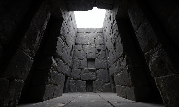Monolithic Stone Chamber. A monumental chamber carved from a single, massive block of dark stone. The walls are rough-hewn but