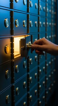 Hand opening a blue illuminated safety deposit box in a bank vault