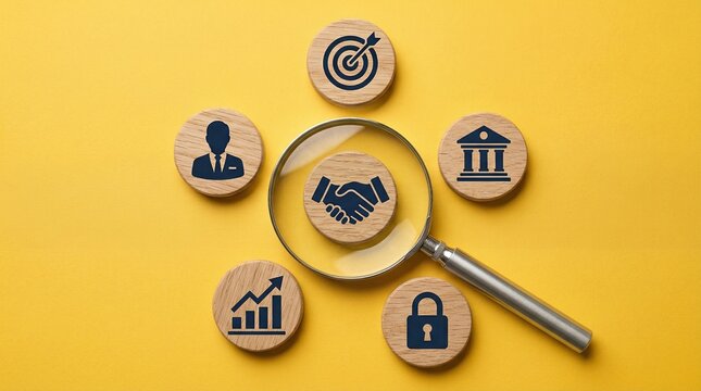 Business Focus: An abstract visual depiction of key business elements, centered around a magnifying glass, accentuating the importance of strategic planning and financial analysis.