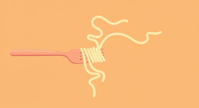 Pasta on fork illustration on orange background for culinary content