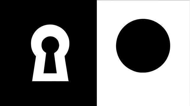 A split-screen design featuring a white keyhole shape and a black circle against opposing backgrounds