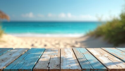 Fototapeta premium Empty rustic wooden table with blue paint sits on sandy beach facing clear turquoise ocean waves under bright sunny sky. Ideal for product placement or summer themes.