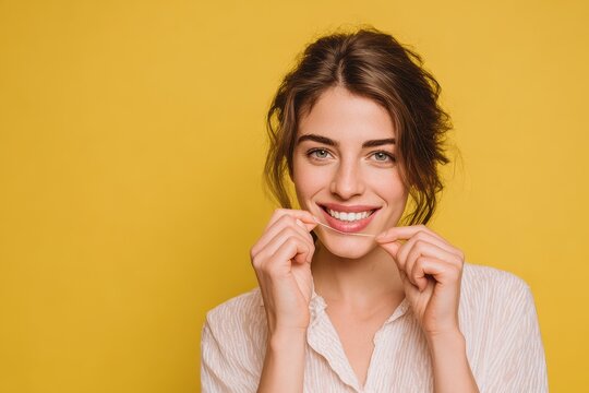 Young woman flossing teeth against a bright solid color background