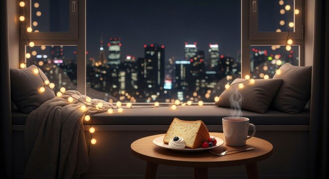 Cozy window scene with cake and coffee overlooking a cityscape at night