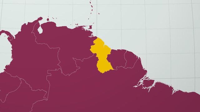 Guyana map. Animated zoom into the country on the Globe in Pale Mint Dark Pink color palette. Country logo animation with round text and airplanes. Map with meridians, parallels. Classic video.