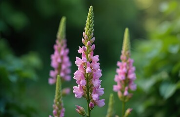 Obraz premium Pale pink obedient plant flowers spike upward in soft focus garden. Tall green stalks hold many small blooms. Summer botanical beauty grows wild.