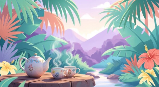 Serene teatime scene in lush tropical garden with mountains and stream