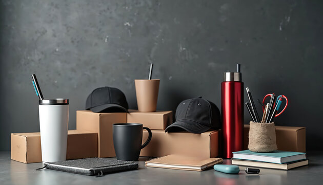 Collection of branded merchandise including caps, mugs, pens, notebooks, thermos bottle arranged on cardboard boxes against grey wall. Promotional items ready for corporate gifting brand promotion.
