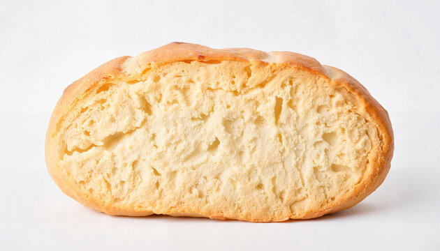 Freshly baked bread loaf with soft texture on white background  