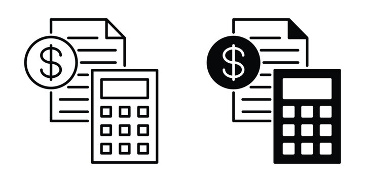 Accounting and Financial Management Line and Solid Icon Set - Professional Calculator, Invoice Document, and Dollar Currency Symbol for Business, Tax, and Bookkeeping Design
