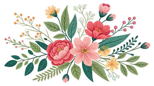 Vibrant floral cluster with lush green leaves pink roses and buds on white background for design