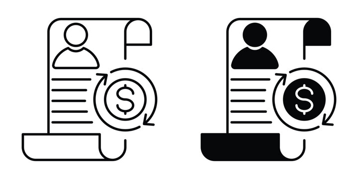Payroll Icon Set &ndash; Salary Payment Document with Employee Profile and Dollar Symbol Representing HR Payroll Processing, Wages, Compensation, Accounting, and Business Finance in Outline and Solid Style