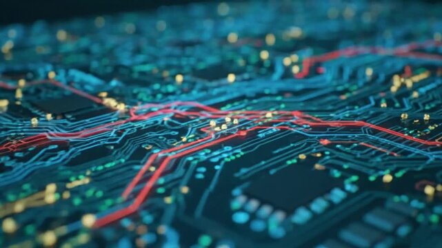 Glowing circuit board with red lines and yellow dots on a blue background