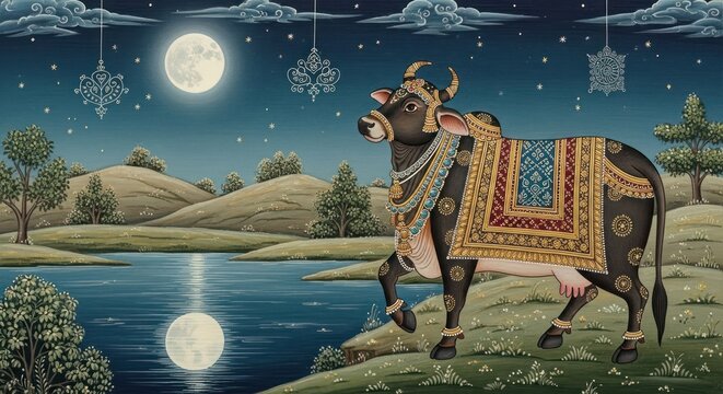 Ornate Sacred Cow Stands by Moonlit Lake in Traditional Indian Art Style.