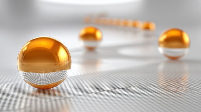 Golden spheres rolling across a textured surface with soft focus bokeh effect