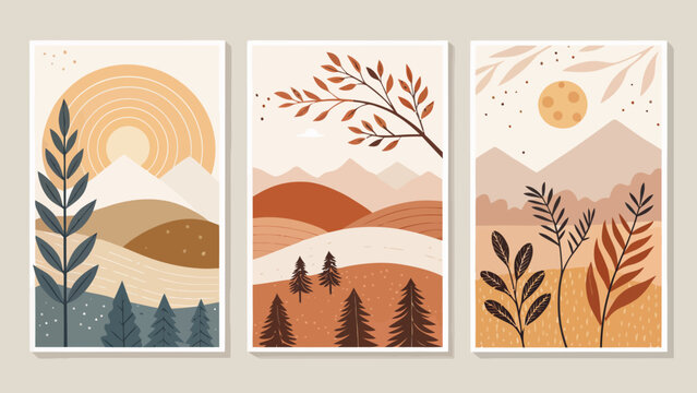 Scandinavian bohemian fusion art with clean shapes earthy tones and minimalist landscapes in triptych format for interior design