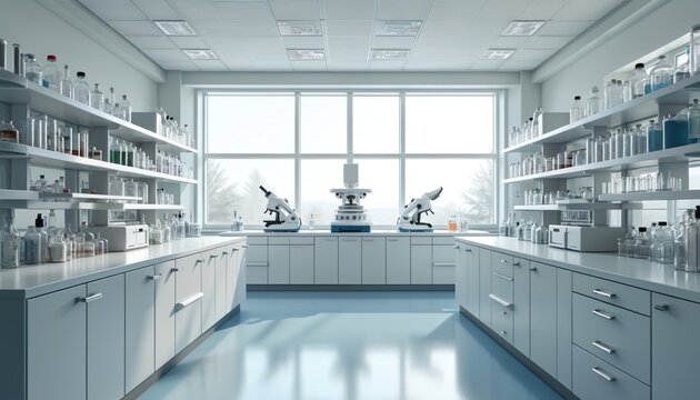 Modern empty science lab with microscopes and glass bottles on shelves. Bright sterile room for research and analysis. Medical equipment for testing.