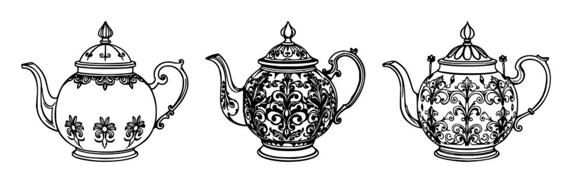 Teapot set with ornate black line art design featuring cast iron, black and white illustration, antique style with ceramic and kitchenware