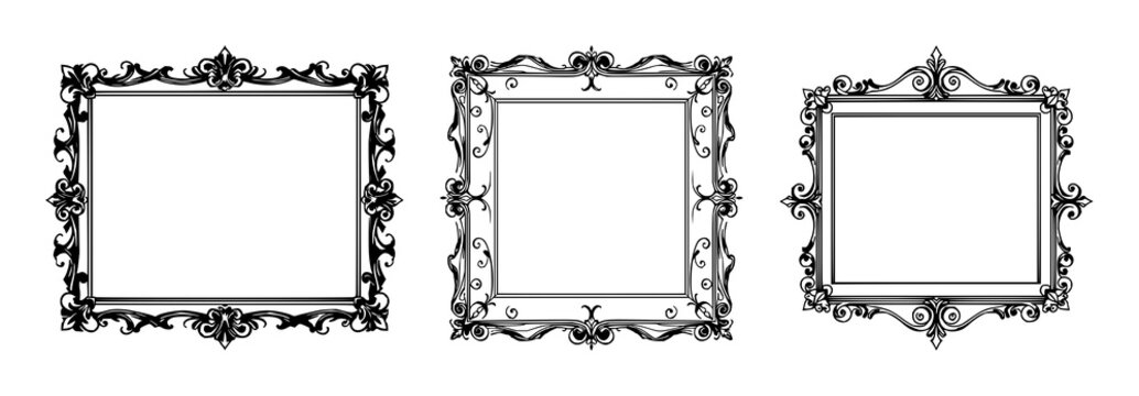 Picture frames set with black line art on white background featuring ornate frame, scrollwork, golden detailing with illustration and vector