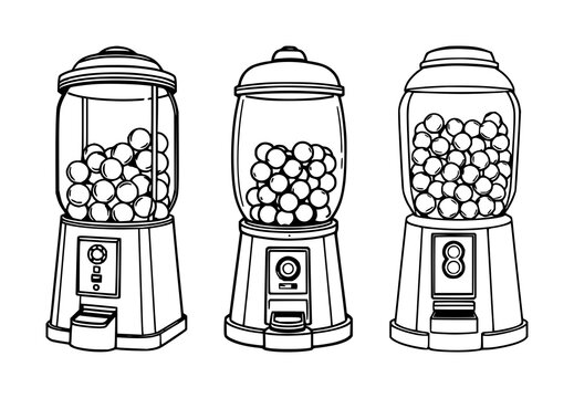 Retro gumball machine set with black line art, white background featuring carnival, nostalgic, amusement with playful and colorful