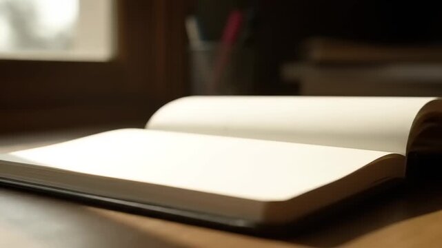 Open Book on Desk with Natural Light.
