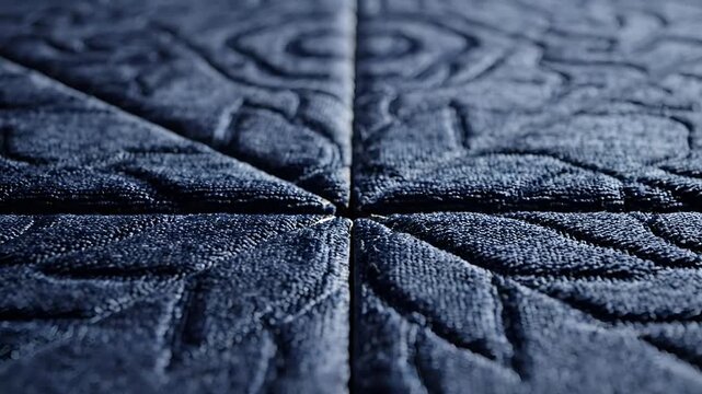 Closeup of dark blue quilted fabric with intricate patterns.