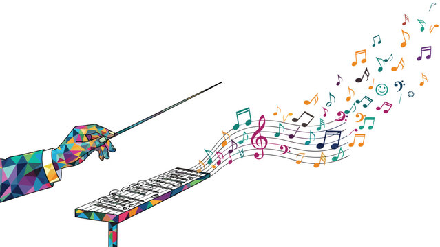 Artistic colorful hand holding a conductor baton with a stream of vibrant musical notes and symbols flowing from a music stand.