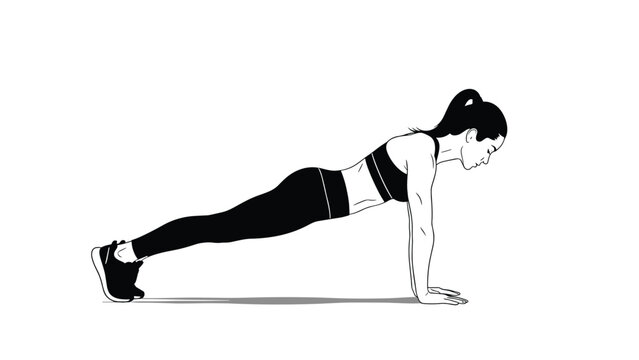 Black silhouette of a fit woman performing a straight arm plank exercise on the floor for core stability and strength training.