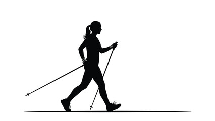 Naklejka premium Black silhouette of a woman engaged in Nordic walking with trekking poles on a white background for fitness and health.