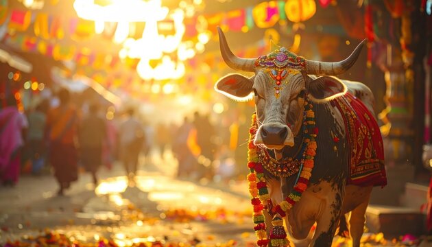 Sacred Cow Adorned with Flowers and Garlands in Golden Sunlight.