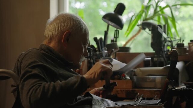 Elderly craftsman working in his old workshop, carefully restoring collectible Japanese bladed weapons
