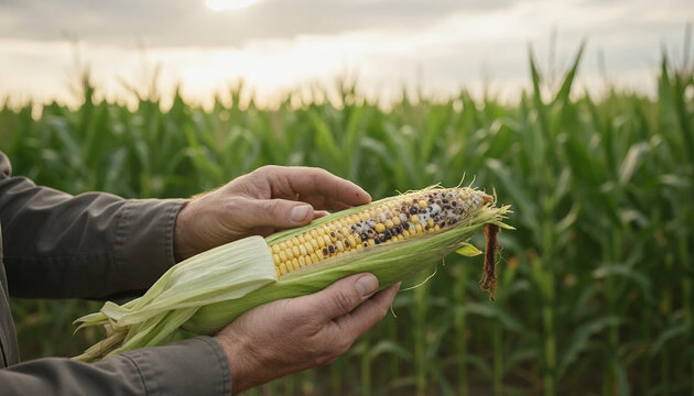 Farmer holding rotten diseased corn cob in field