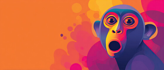 Fototapeta premium Vibrant digital illustration of a surprised monkey on an orange background, showcasing bold colors and playful expression. Ideal for creative design projects or marketing use.