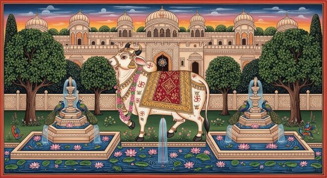 Sacred Cow Adorned with Ornate Blanket in Front of Majestic Indian Palace.